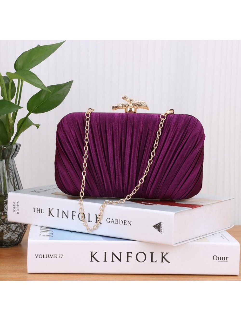 Women Dark Purple Pleated Clutch Purse For With Chain Wedding Party Evening Bag - Picture 6 of 6